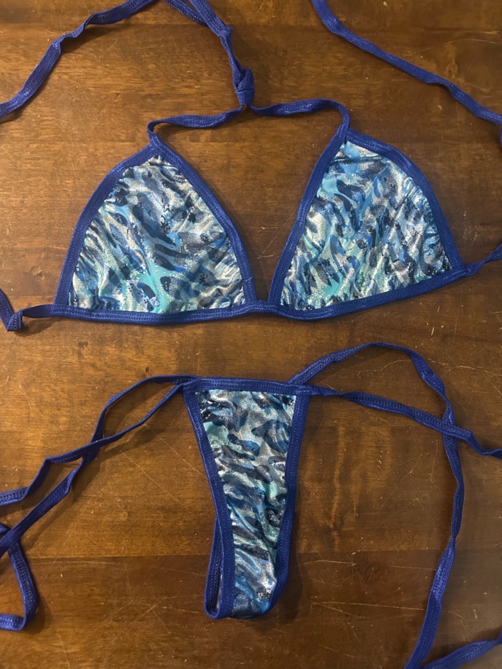 NWOT Handmade Damaged Blue Leopard Animal Print Triangle Top Thong Bottom Bikini